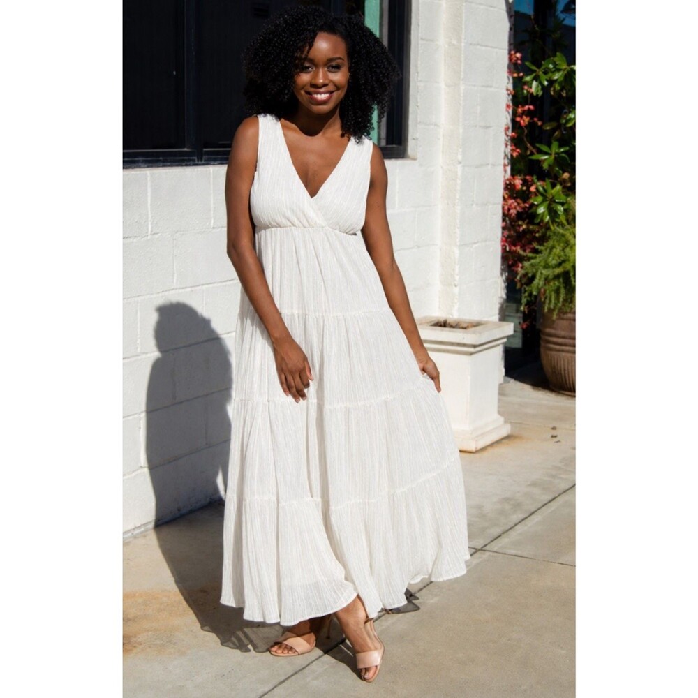 Traffic People Tiered maxi dress mediterranean boho beachy summer white size S